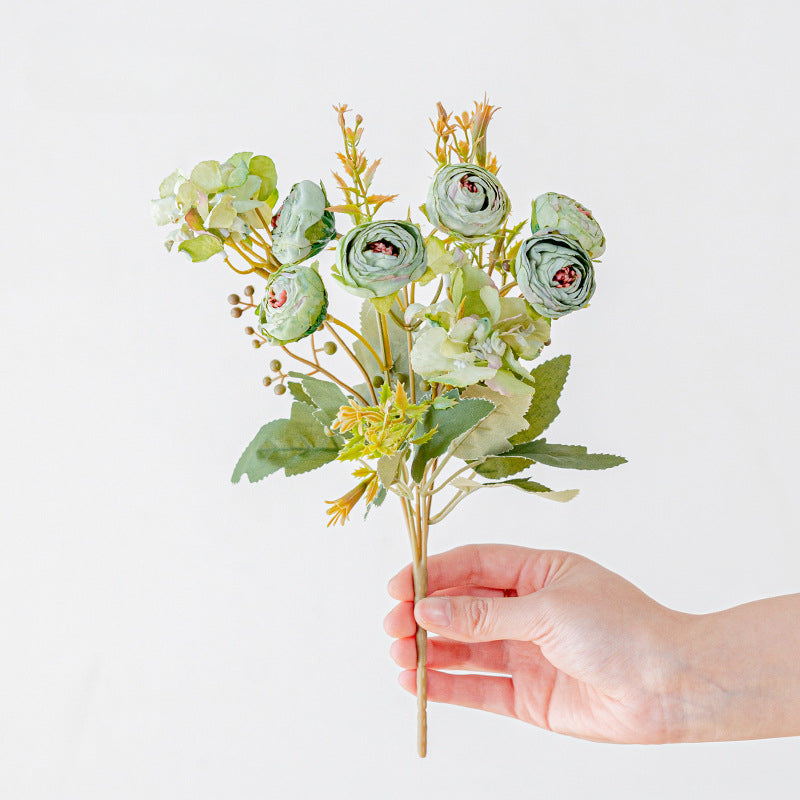 Artificial Hydrangea & Rose Stem – Single Stem with 5 Blooms, 11" Tall, 1.6" Bloom Diameter | Retro Tea-Toned Home Decor