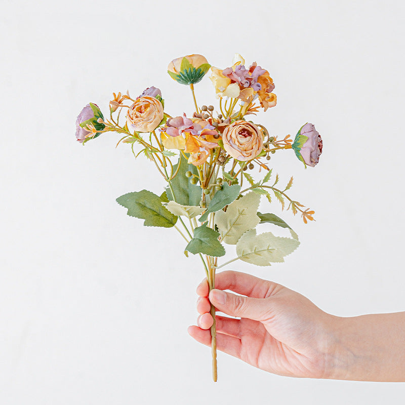 Artificial Hydrangea & Rose Stem – Single Stem with 5 Blooms, 11" Tall, 1.6" Bloom Diameter | Retro Tea-Toned Home Decor