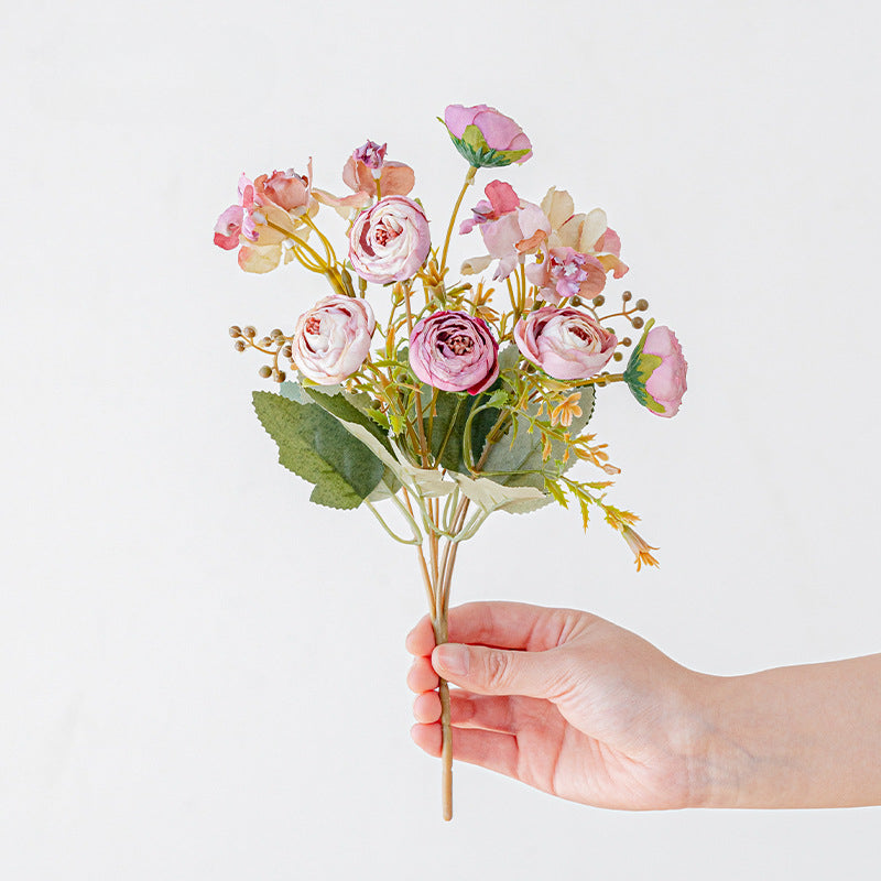 Artificial Hydrangea & Rose Stem – Single Stem with 5 Blooms, 11" Tall, 1.6" Bloom Diameter | Retro Tea-Toned Home Decor