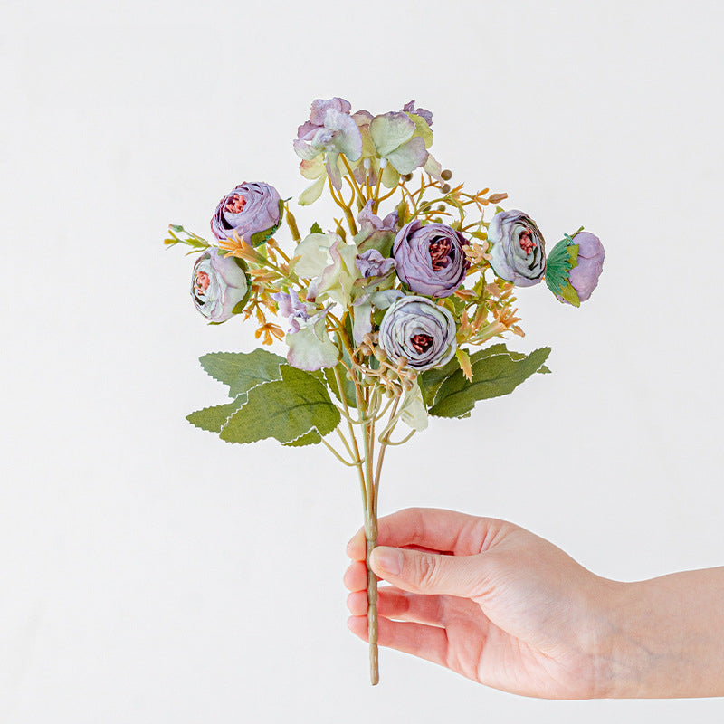 Artificial Hydrangea & Rose Stem – Single Stem with 5 Blooms, 11" Tall, 1.6" Bloom Diameter | Retro Tea-Toned Home Decor