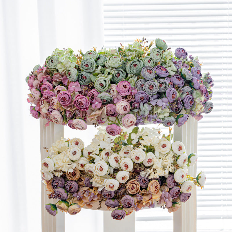Artificial Hydrangea & Rose Stem – Single Stem with 5 Blooms, 11" Tall, 1.6" Bloom Diameter | Retro Tea-Toned Home Decor