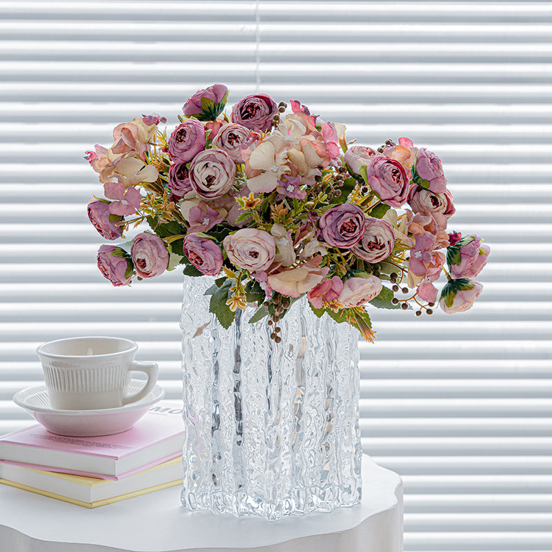 Artificial Hydrangea & Rose Stem – Single Stem with 5 Blooms, 11" Tall, 1.6" Bloom Diameter | Retro Tea-Toned Home Decor