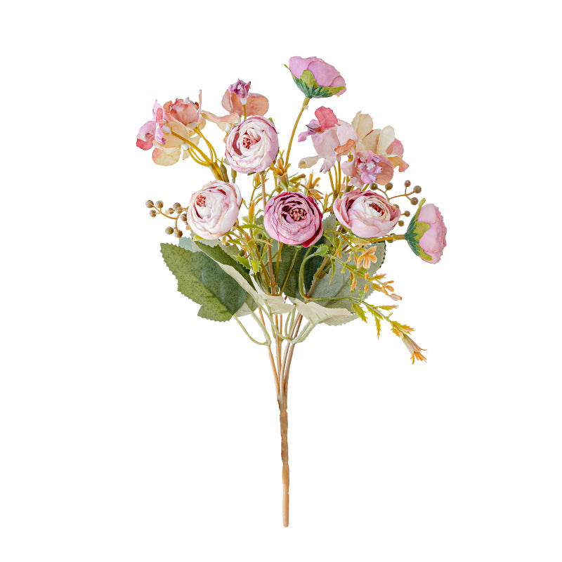 Artificial Hydrangea & Rose Stem – Single Stem with 5 Blooms, 11" Tall, 1.6" Bloom Diameter | Retro Tea-Toned Home Decor