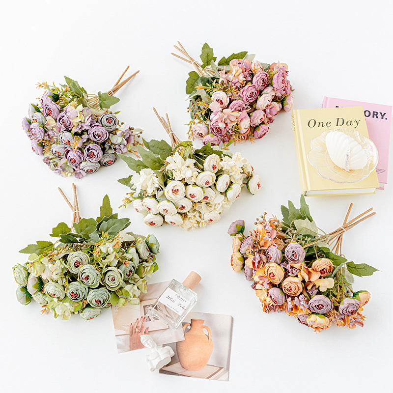 Artificial Hydrangea & Rose Stem – Single Stem with 5 Blooms, 11" Tall, 1.6" Bloom Diameter | Retro Tea-Toned Home Decor