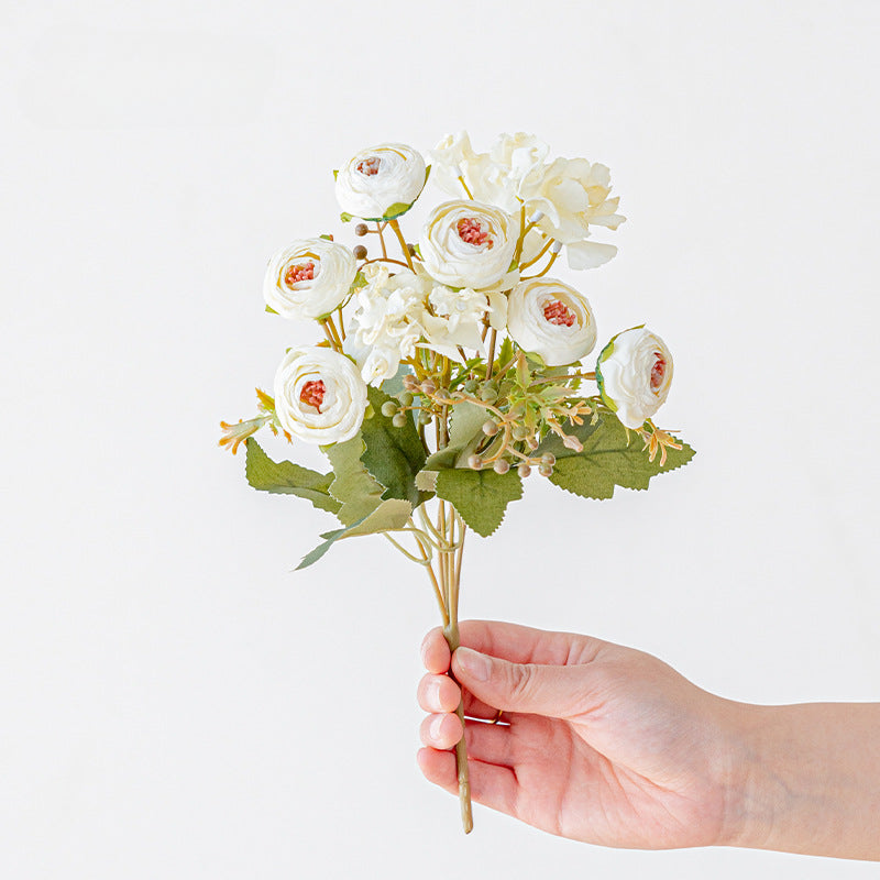Artificial Hydrangea & Rose Stem – Single Stem with 5 Blooms, 11" Tall, 1.6" Bloom Diameter | Retro Tea-Toned Home Decor