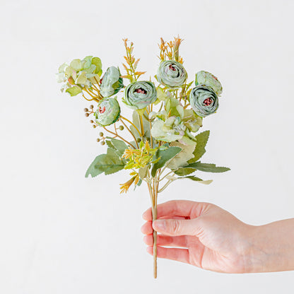 Artificial Hydrangea & Rose Stem – Single Stem with 5 Blooms, 11" Tall, 1.6" Bloom Diameter | Retro Tea-Toned Home Decor