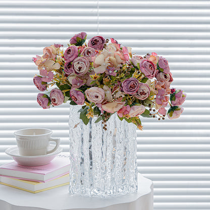 Artificial Hydrangea & Rose Stem – Single Stem with 5 Blooms, 11" Tall, 1.6" Bloom Diameter | Retro Tea-Toned Home Decor