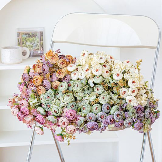 Artificial Hydrangea & Rose Stem – Single Stem with 5 Blooms, 11" Tall, 1.6" Bloom Diameter | Retro Tea-Toned Home Decor